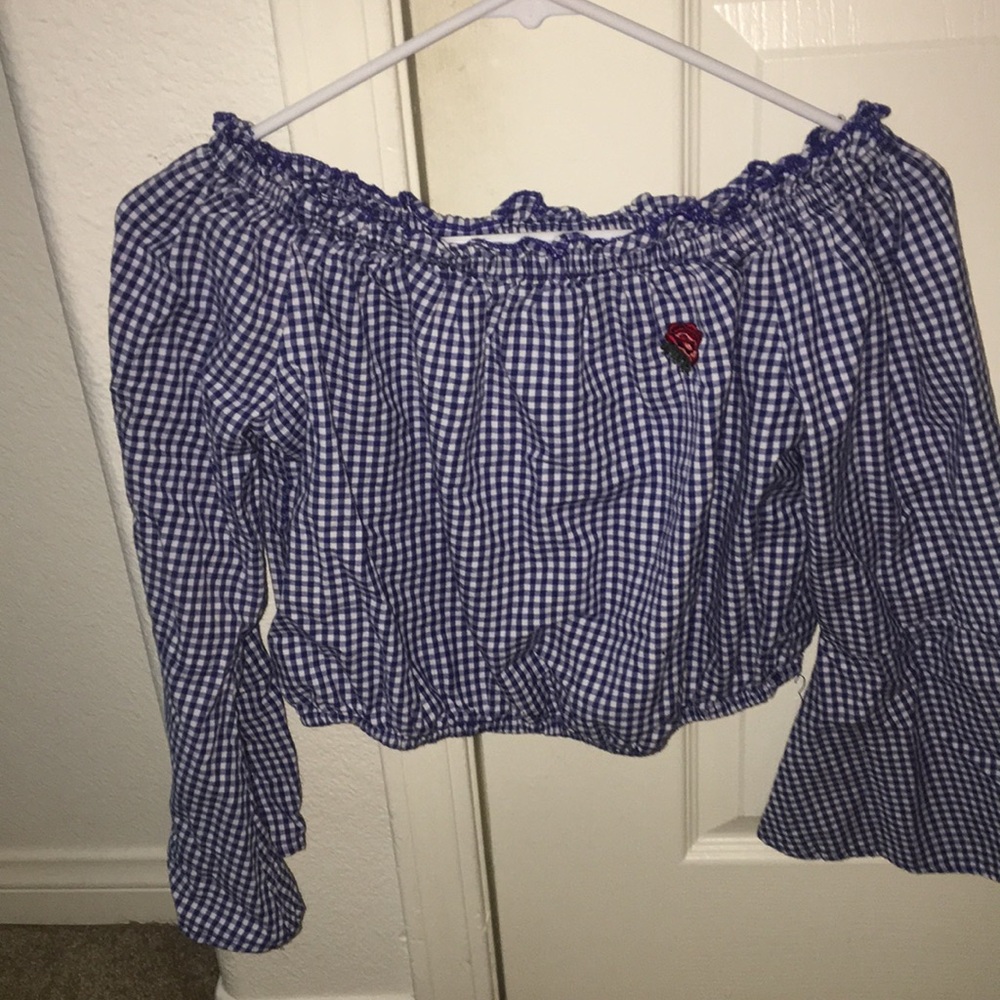 Lightly used gingham print off shoulder blouse
